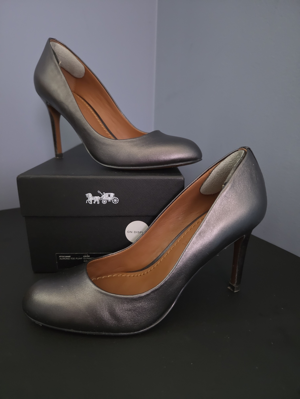 Coach Gunmetal Silver Leather Almond-Toe Pumps